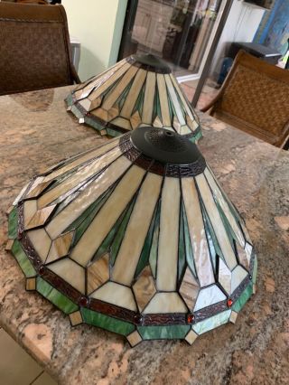 Lrg Stained / Leaded Slag & Textured Glass W/ Cabochons Lamp Shade Arts & Crafts 3