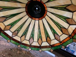 Lrg Stained / Leaded Slag & Textured Glass W/ Cabochons Lamp Shade Arts & Crafts 4
