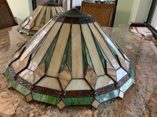 Lrg Stained / Leaded Slag & Textured Glass W/ Cabochons Lamp Shade Arts & Crafts 6