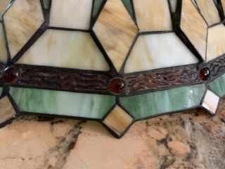 Lrg Stained / Leaded Slag & Textured Glass W/ Cabochons Lamp Shade Arts & Crafts 8