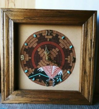 Sand Painting Art Framed Clock,  " Wedding Basket With Fetish Bear ".  Signed Benally