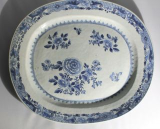 Antique Chinese Blue & White Porcelain Oval Platter - Floral Design