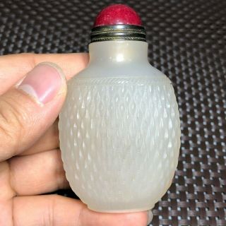 Old Chinese White Agate Handwork Willow Basket Stripe Collectible Snuff Bottle 5