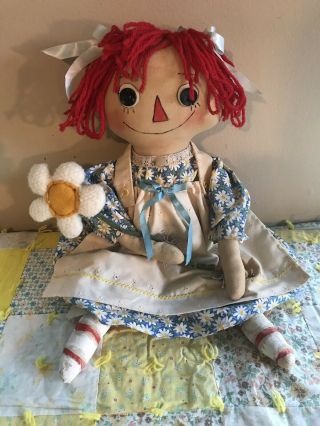 Primitve Folk Art Chubby Raggedy Ann Doll Blue Daisy 22 Inches Tall Handmade
