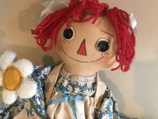 Primitve Folk Art Chubby Raggedy Ann Doll Blue Daisy 22 inches tall Handmade 2