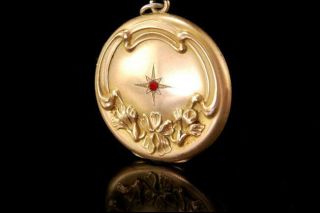 Antique Art Nouveau Iris Ruby Paste Monogram Gold Filled Locket A55391