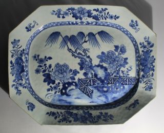 Antique Chinese Blue & White Porcelain Octagonal Platter - Fence & Flowers