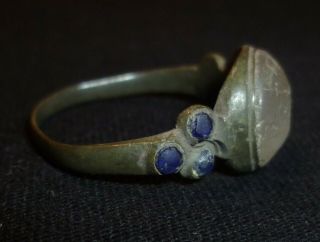 VIKING Bronze RING with Clear and Blue Gem - Circa 7th - 9th Century AD /939 7