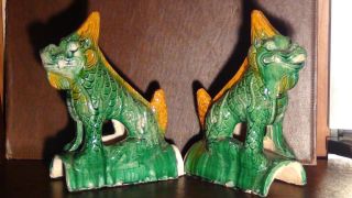 PAIR ANTIQUE CHINESE POTTERY GLAZED ROOF TILES IN DRAGONS SHAPE 2