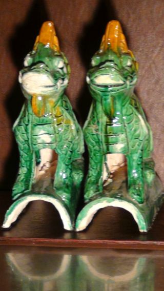PAIR ANTIQUE CHINESE POTTERY GLAZED ROOF TILES IN DRAGONS SHAPE 5