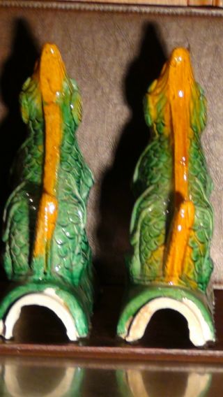 PAIR ANTIQUE CHINESE POTTERY GLAZED ROOF TILES IN DRAGONS SHAPE 6