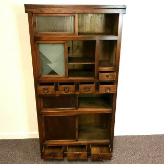 Japanese Wood Cabinet with Glass and Wood Sliding Doors and Drawers 5