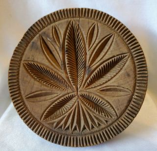 Antique Primitive Farmhouse Carved Wood Cannabis Leaf Butter Mold Stamp Press