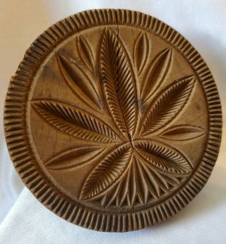 Antique Primitive Farmhouse Carved Wood Cannabis Leaf Butter Mold Stamp Press 3