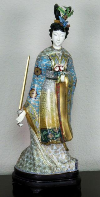 Chinese Gilded Cloisonne Figure Of A Wen Shu Manjushri Guanyin Large Antique