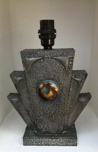 Stylish Art Deco Geometric Pewter Clad Lamp With Ruskin Type Cabochons