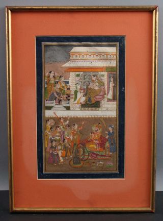 Antique Fine India Mughal Miniature Gilded Painting,  Maharaja & Rani,  Court