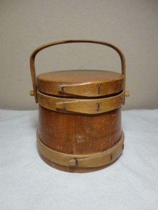 Small Vintage 4 1/2 " High Sugar Firkin Wood Curved Handle With Lid