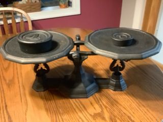 Vintage Unbranded Black All Metal Cast Iron Balance Scale W/weights
