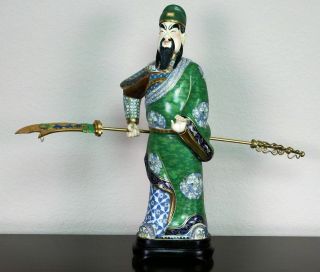 Large Chinese Gilded Cloisonne Figure Of A Warrior With Dragon Glaive Polearm