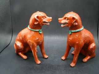 Chinese Qian Long (1736 - 1795) period one pair red glazed porcelain dogs u6899 12