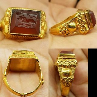 7.  4 grams Old Agate Lion Seal Rare Roman 22k karat Gold Ring 65 2