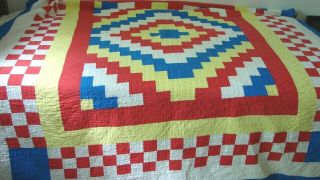 Early Vintage Bold Bright Hand Stitched Showy Graphic Cotton Quilt 77 X 91