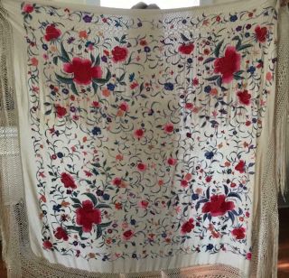 Gorgeous Antique Chinese Canton Silk Embroidered 2 Sided Shawl Piano