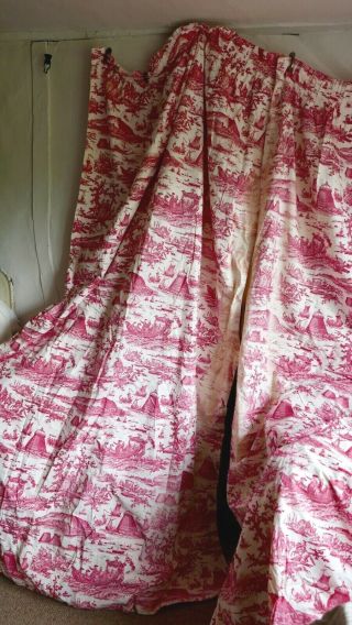 Vintage Curtains Red Toile Cotton Panels,  French Chateau Chic Style - Interiors