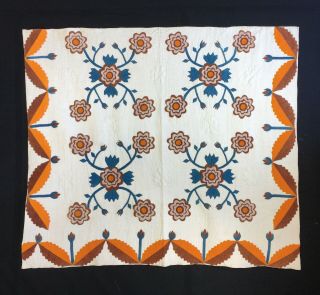 Antique Southern Applique Quilt,  Cheddar,  Teal C.  1900,  Nc (?) 4 Block