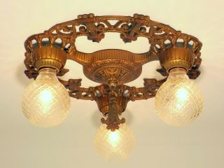Vintage Antique Art Deco Victorian 3 Light Chandelier Flush Ceiling Fixture Orig
