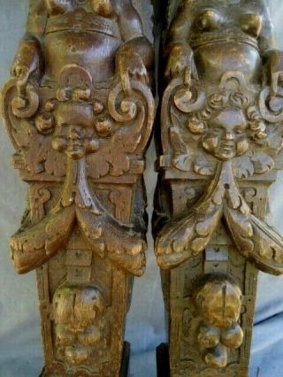 TWO 17TH CENTURY OAK CARVED FIGURE PANEL RAILS SUPPORTS 11