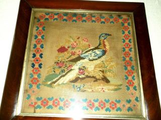 RARE ANTIQUE 19TH C WOOLWORK SAMPLER OF AN EXOTIC BIRD IN FRAME,  1863 3