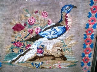 RARE ANTIQUE 19TH C WOOLWORK SAMPLER OF AN EXOTIC BIRD IN FRAME,  1863 4