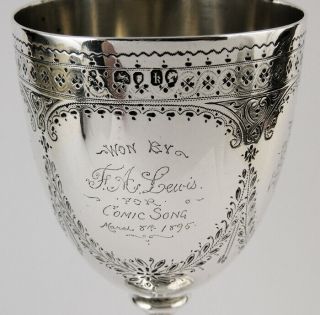 VICTORIAN SILVER TROPHY GOBLET LONDON 1865 F.  A.  LEWIS COMIC SONG 4