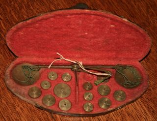 Antique Rare Gold Coin Scale Mid 1700s With Brass Weights In Case