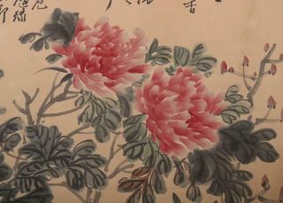 Fine Old Chinese Hand - painting Painting Scroll Wu Junqin Marked - peony 10