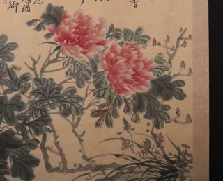 Fine Old Chinese Hand - painting Painting Scroll Wu Junqin Marked - peony 5