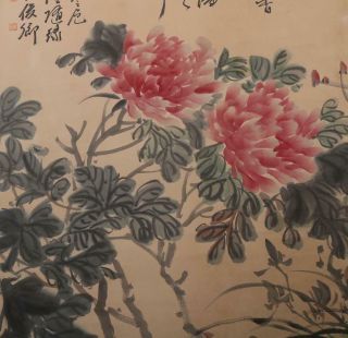 Fine Old Chinese Hand - painting Painting Scroll Wu Junqin Marked - peony 8