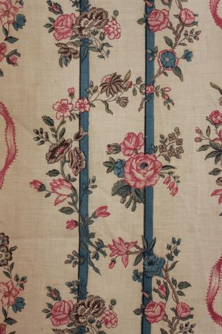 Fabric Antique French Floral Stripe & Bow Cir 1880 Printed Cotton Pink Blue Rose