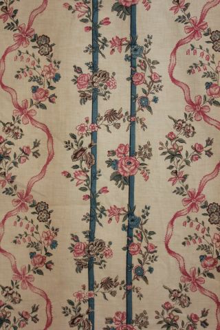 Fabric Antique French floral stripe & bow cir 1880 printed cotton pink blue rose 2