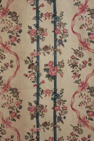 Fabric Antique French floral stripe & bow cir 1880 printed cotton pink blue rose 3