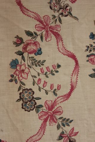 Fabric Antique French floral stripe & bow cir 1880 printed cotton pink blue rose 4