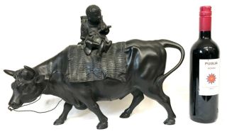 Antique Large Meiji Japanese Bronze Figure Of A Boy / Scholar Riding A Bull