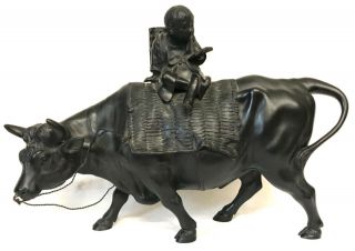 Antique Large Meiji Japanese Bronze Figure Of A Boy / Scholar Riding A Bull 2