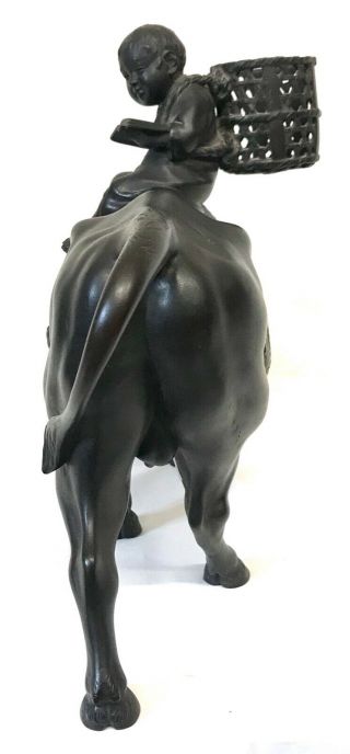 Antique Large Meiji Japanese Bronze Figure Of A Boy / Scholar Riding A Bull 5