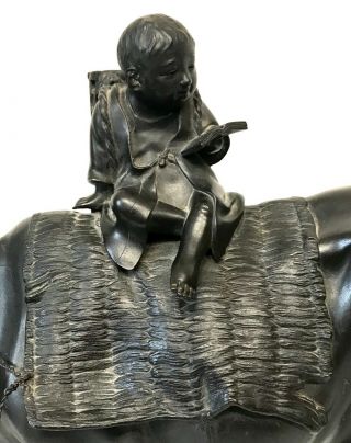 Antique Large Meiji Japanese Bronze Figure Of A Boy / Scholar Riding A Bull 8