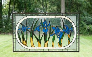 34.  75 " L X 20.  5 " H Handcrafted Beveled Stained Glass Window Panel Iris Flowers