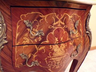 Antique Louis XV small bombé dresser - veneer - marquetry - marble top - 5