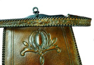 ANTIQUE ARTS & CRAFTS ' MEEKER MADE ' WOMAN ' S BROWN EMBOSSED LEATHER PURSE,  LINED 3